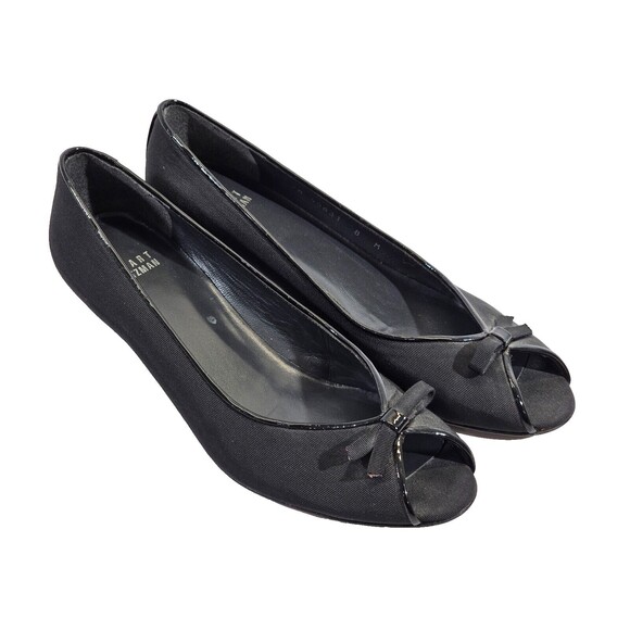 LM‎ Women's 8 Stuart Weitzman Black Open Toe Bow Detail Kitten Heels Pumps Shoes - Picture 1 of 9